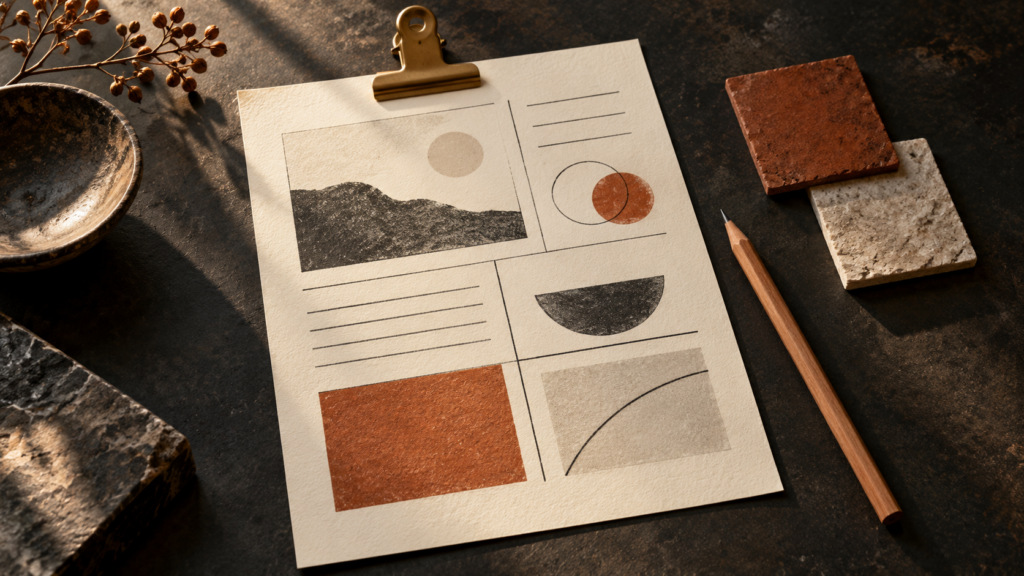 An ivory sheet with abstract sections held by a brass clip beside a pencil and material swatches