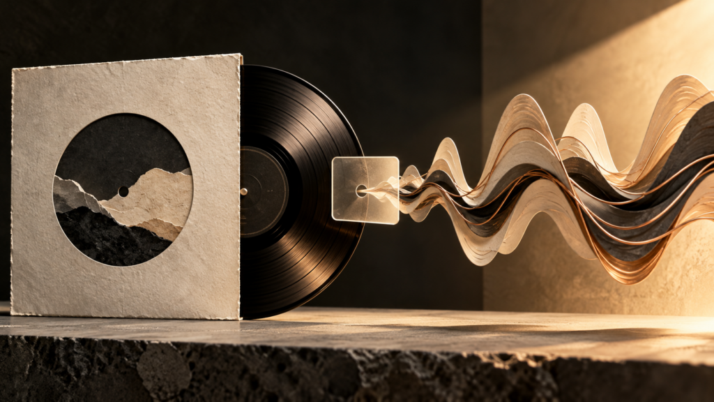 Conceptual editorial illustration of a record and waveform passing through a translucent identification tag