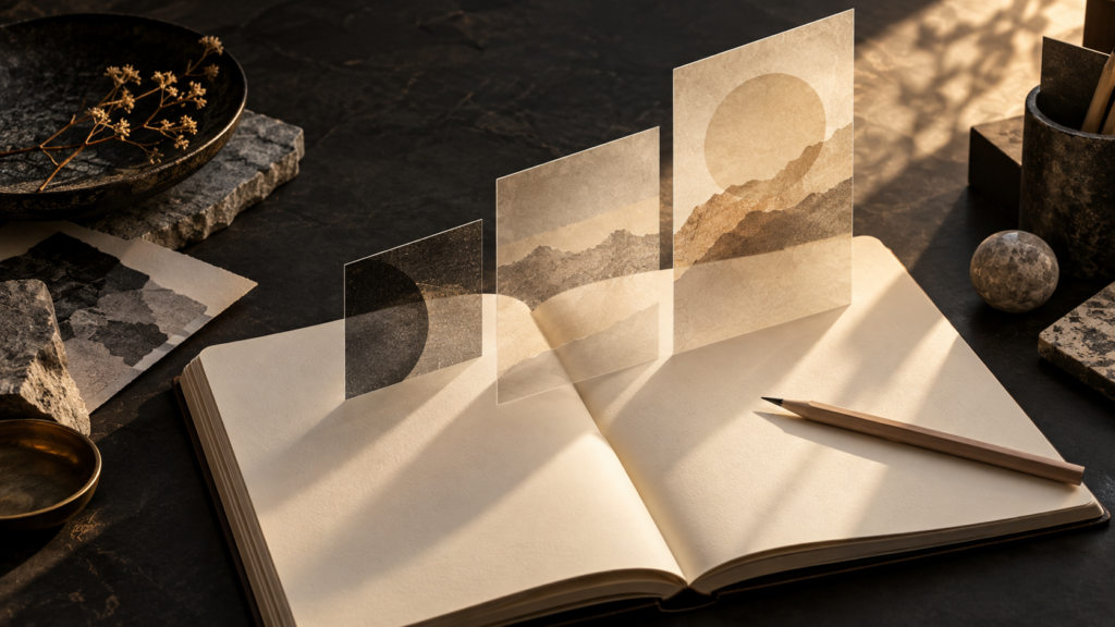 An open notebook with layered translucent panels and a pencil on a dark desk.