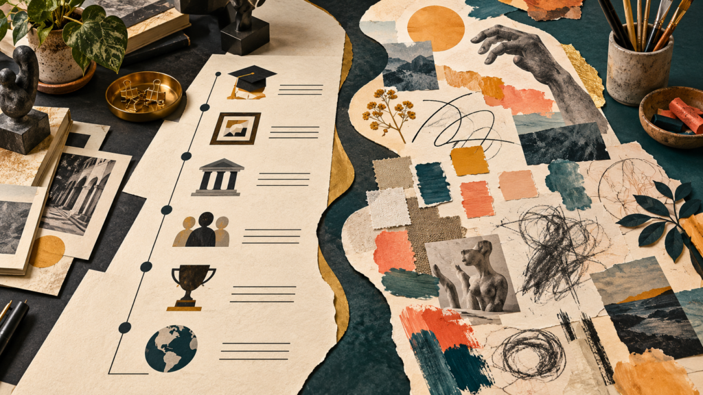 Editorial illustration contrasting an artist’s factual biography with a statement about creative process