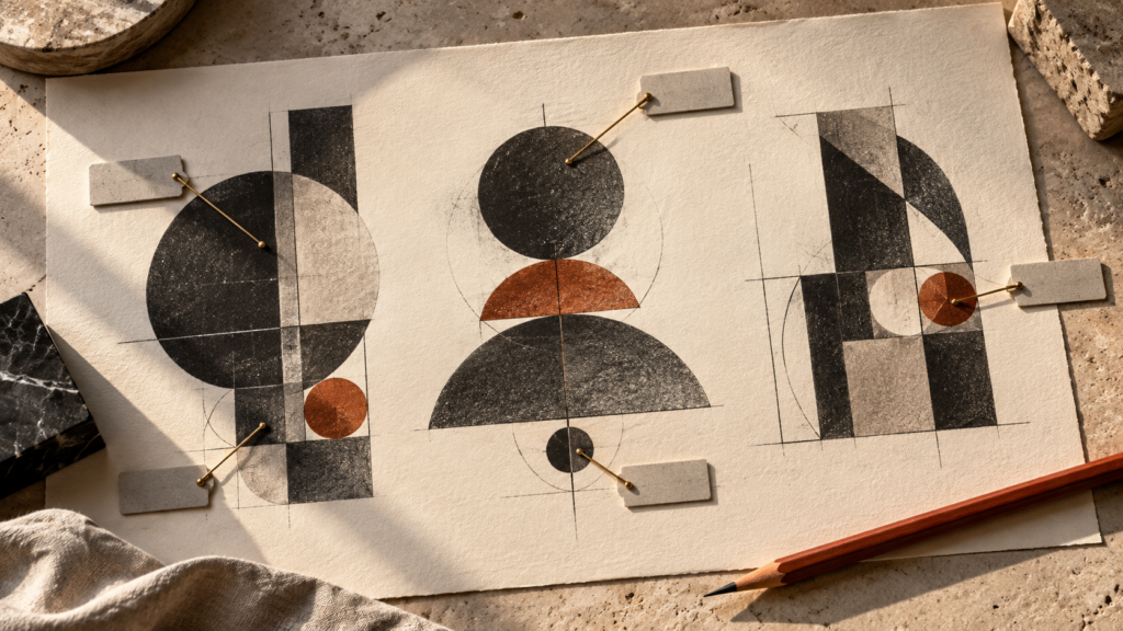 Geometric compositions on ivory paper with blank annotation tabs and brass pointers