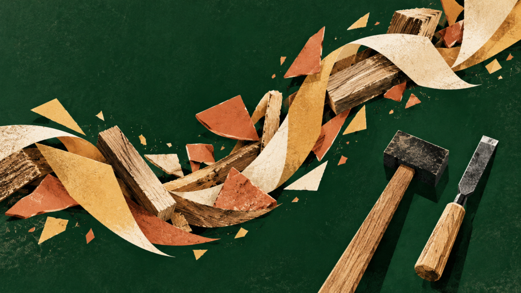 Abstract ribbon of wooden offcuts and warm paper fragments beside simplified tools on a green background.