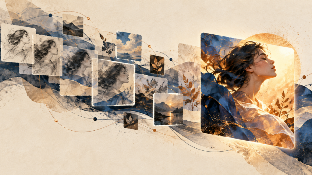 Layered illustrated portraits, landscape and botanical tiles connected by fine lines, representing a creative image’s recorded history.