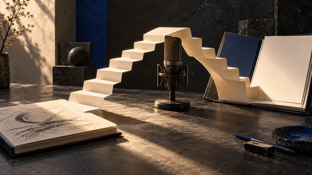 Conceptual illustration of a folded-paper bridge between a sketchbook, an unbranded microphone and an open portfolio