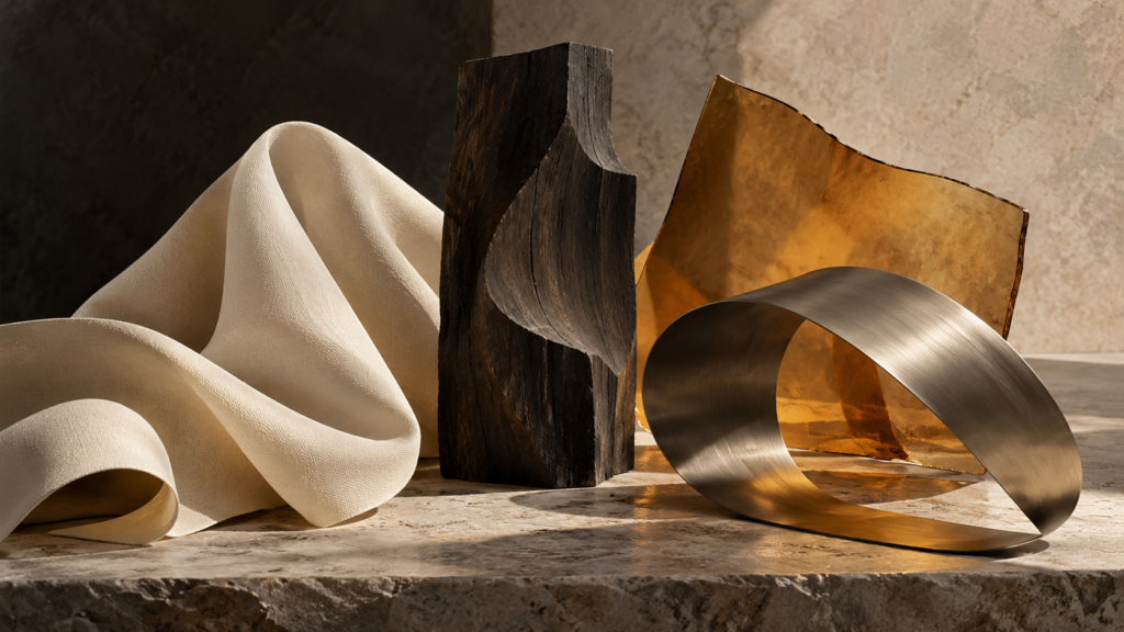 Conceptual editorial still life of textile, dark timber, amber sheet and curved metal forms