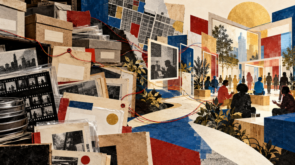 Editorial illustration of an archive reconnecting an artist-led institution with a living creative community