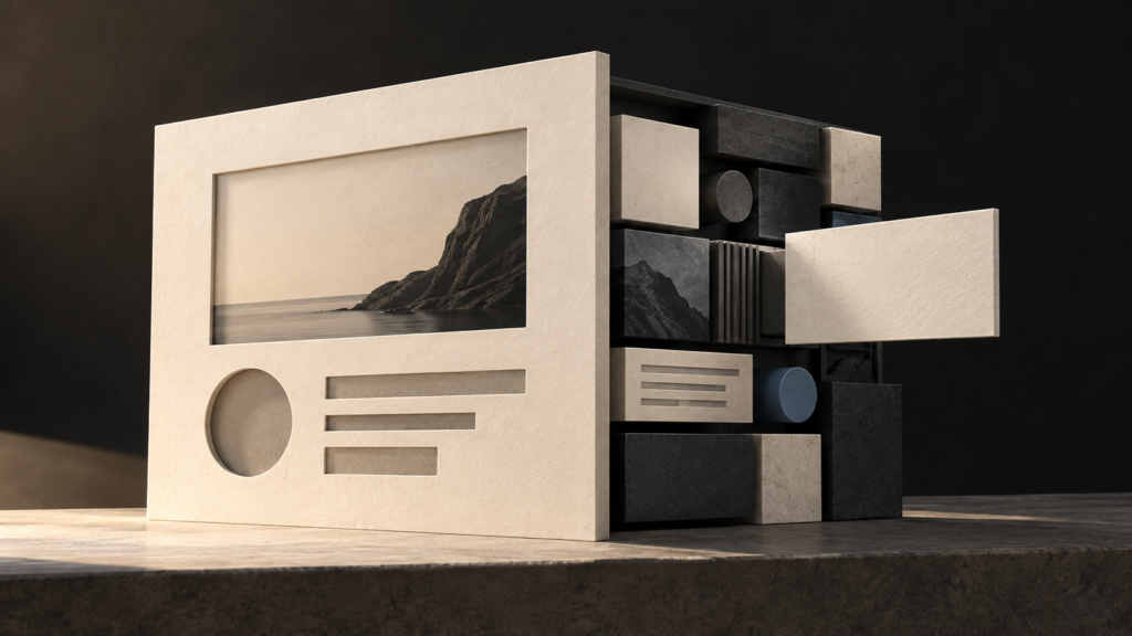 Conceptual architectural illustration of an ivory website facade with movable content blocks behind it