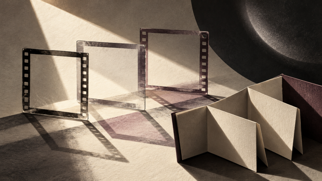 Conceptual illustration of empty translucent photographic frames and a blank folded photobook in angled light