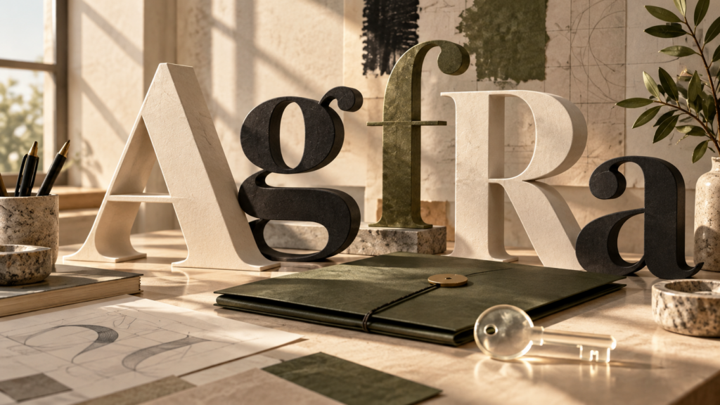 Editorial illustration of sculptural letterforms beside a portfolio folder and a translucent key