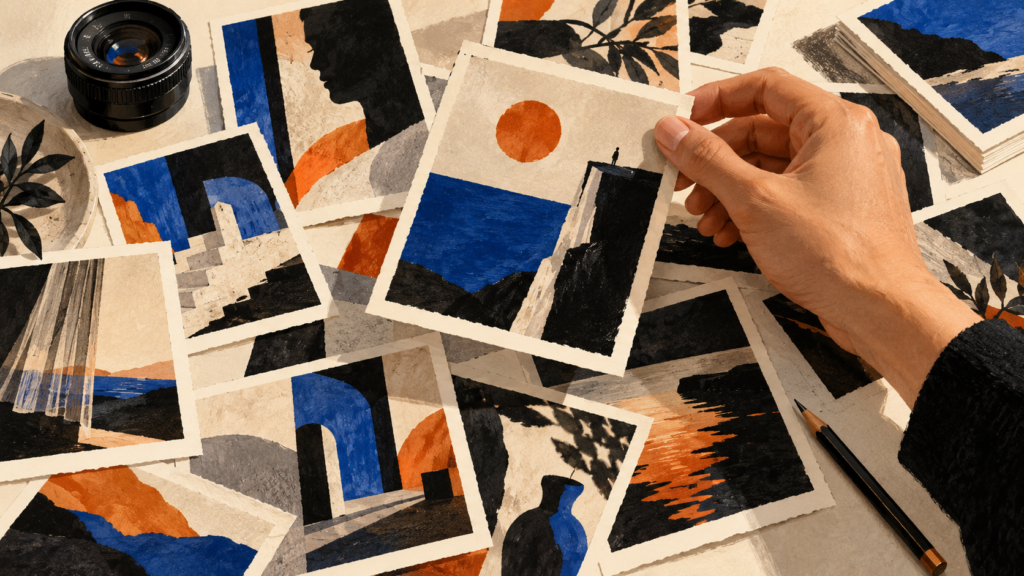 Illustrated hand selecting an abstract photo print from a tabletop of image cards beside a lens and pencil.