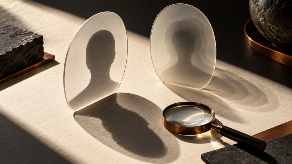Two translucent oval plates with abstract head silhouettes and layered shadows beside a magnifying glass