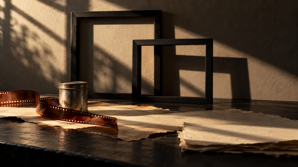 Two empty black frames casting intersecting shadows over ivory paper beside an unmarked film canister