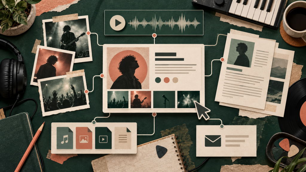 Conceptual electronic press kit with music, biography, press photos and contact assets arranged around one central link