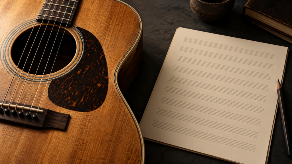 An unbranded acoustic guitar beside blank manuscript paper, illustrating interpretation and songwriting