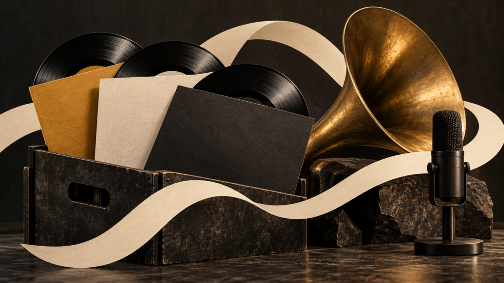 Conceptual still life of blank record sleeves in a crate beside a brass horn and an unbranded microphone