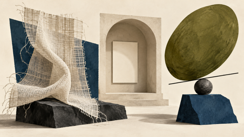Conceptual collage of loosely woven fabric, an empty display alcove and an enlarged green oval balanced on a line
