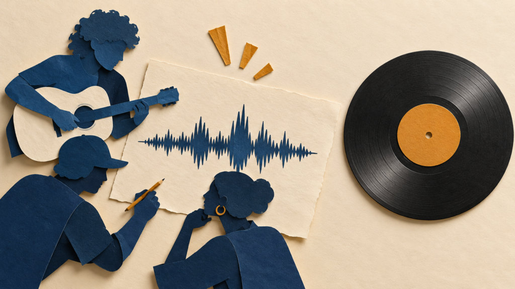 Cut-paper illustration of three music collaborators around a waveform beside a separate vinyl record
