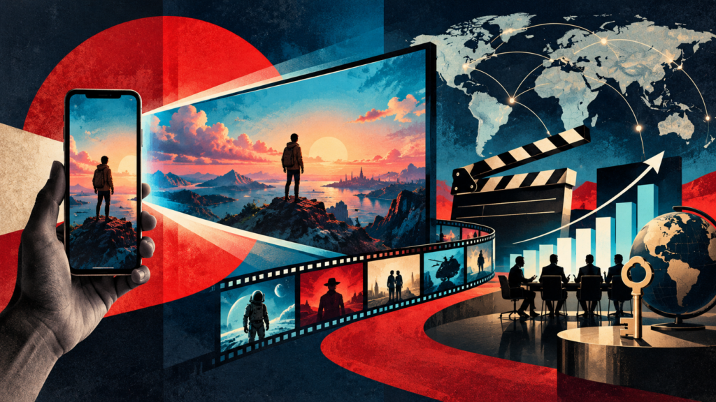 Editorial illustration of creator-led video expanding from a phone into global film and television markets