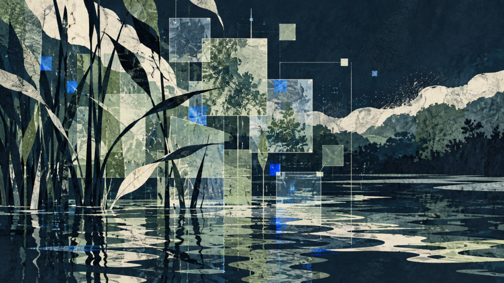 Conceptual collage of reeds and water intersected by geometric squares in navy, sage and blue.