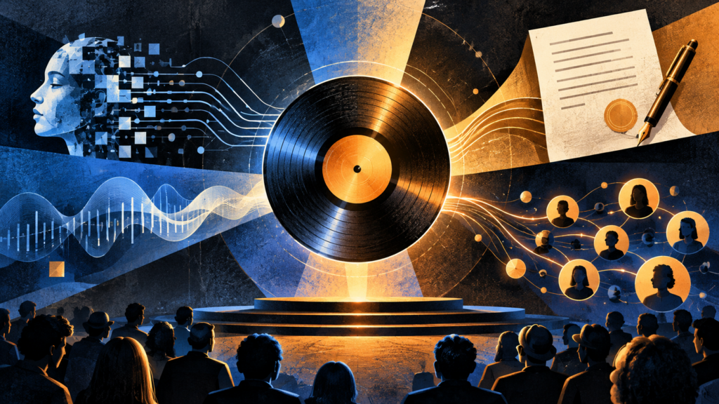 Conceptual collage of a vinyl record connecting music technology, a contract and an audience