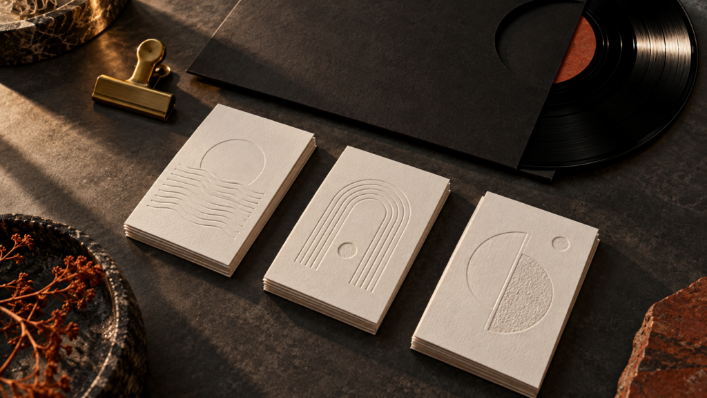 Three groups of embossed ivory cards beside a black record sleeve and brass clip