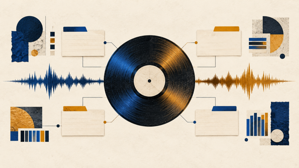 Abstract vinyl record connected to blank metadata cards, colored tabs and blue-and-amber waveforms on an ivory background.