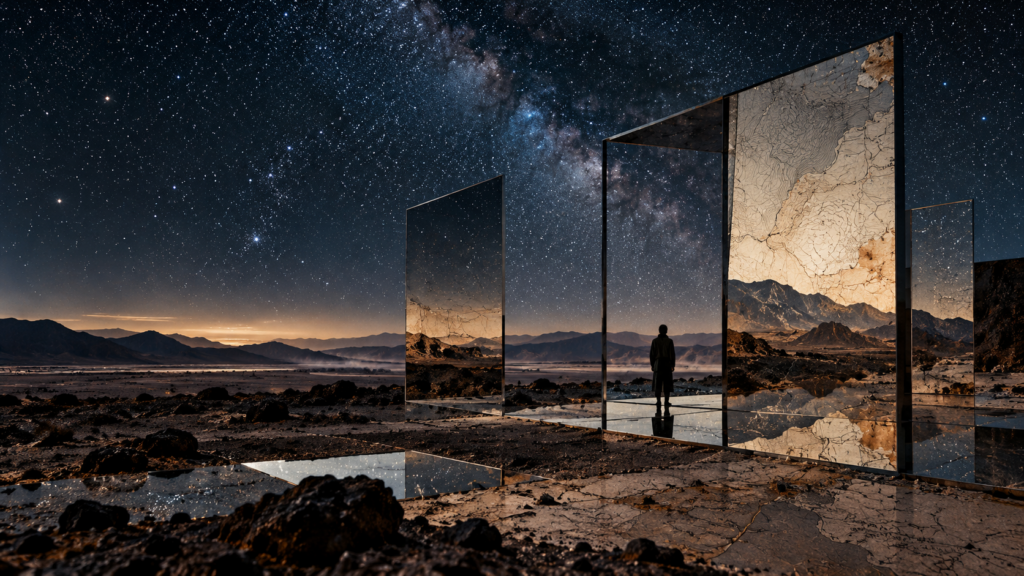 Conceptual editorial illustration of mirrored structures beneath a night sky in a desert landscape