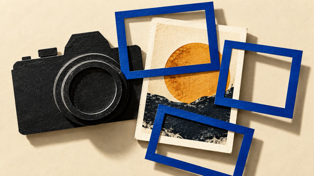 Paper-cut camera beside an abstract photo print and overlapping blue frames on a cream background.