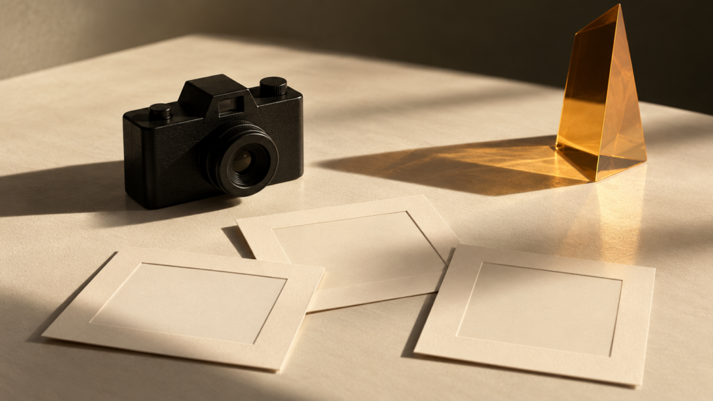 Simple black camera beside three empty cream photo mounts and an amber prism casting a shadow.