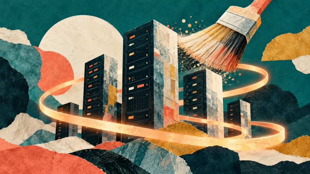 Conceptual server-like towers surrounded by an oversized brush and a looping ribbon of light on a teal background.