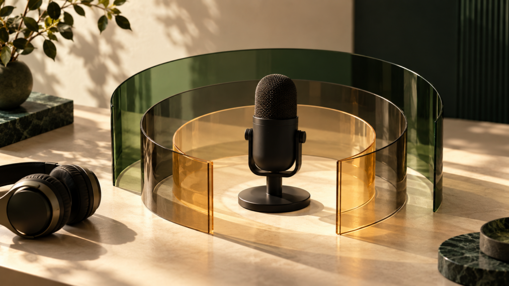 Black microphone surrounded by translucent amber and green rings on a sunlit desk beside headphones.