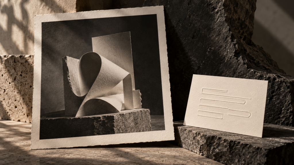 A monochrome print of folded paper beside an ivory card embossed with abstract lines.