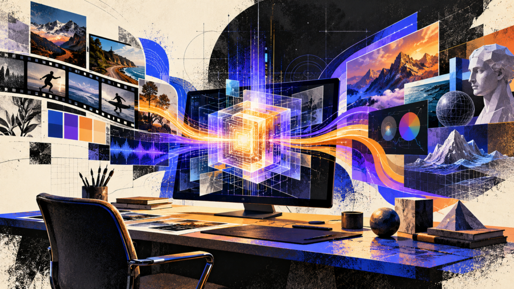Editorial illustration of a creative workstation evaluating faster local AI workflows