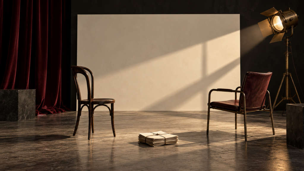 Two empty chairs facing a blank backdrop with a script bundle and a stage light in a conceptual scene