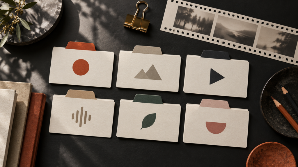 Editorial still life of ivory index cards, abstract category tabs, and a brass clip on a dark desk representing business classification