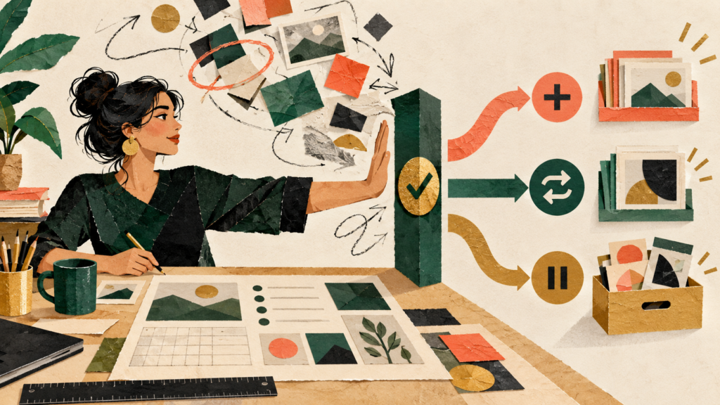 Editorial illustration of a freelancer directing extra project requests through a clear decision process
