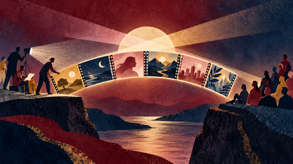 Six abstract film frames forming a luminous bridge between filmmakers and an audience beneath crossing beams of light.