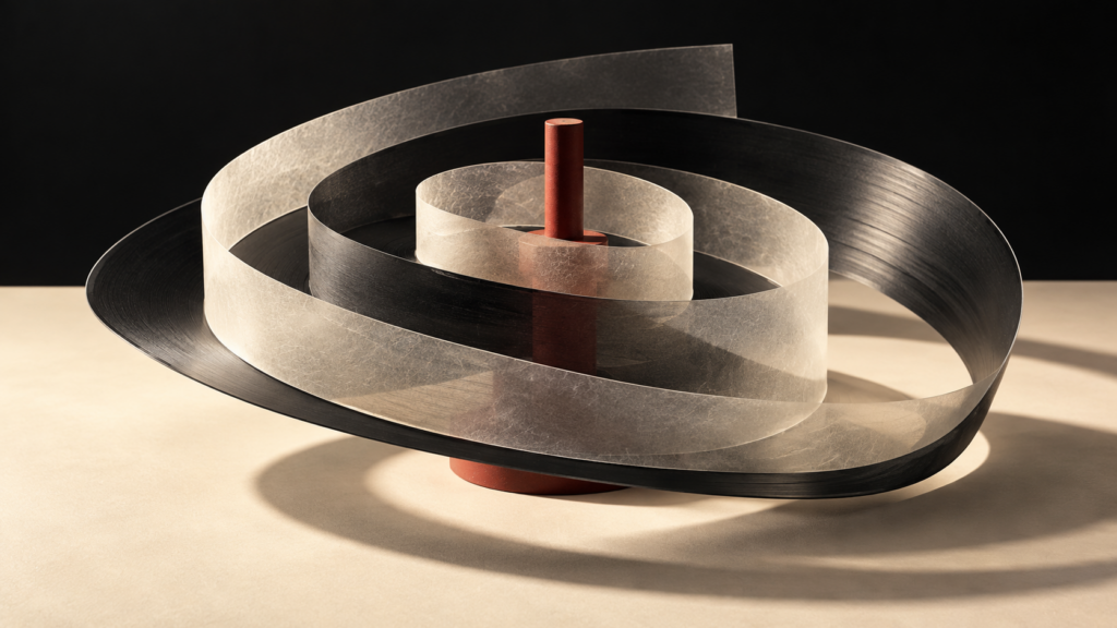 Abstract black record forms reorganized into concentric loops on an ivory surface, representing licensed fan remixes