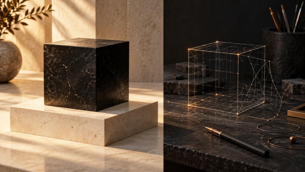 A solid black cube and a wireframe cube on separate work surfaces, illustrating production and experimental 3D work