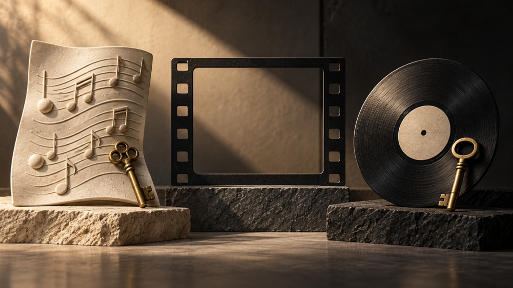 Conceptual illustration of a music score and a record with separate keys beside an empty film frame