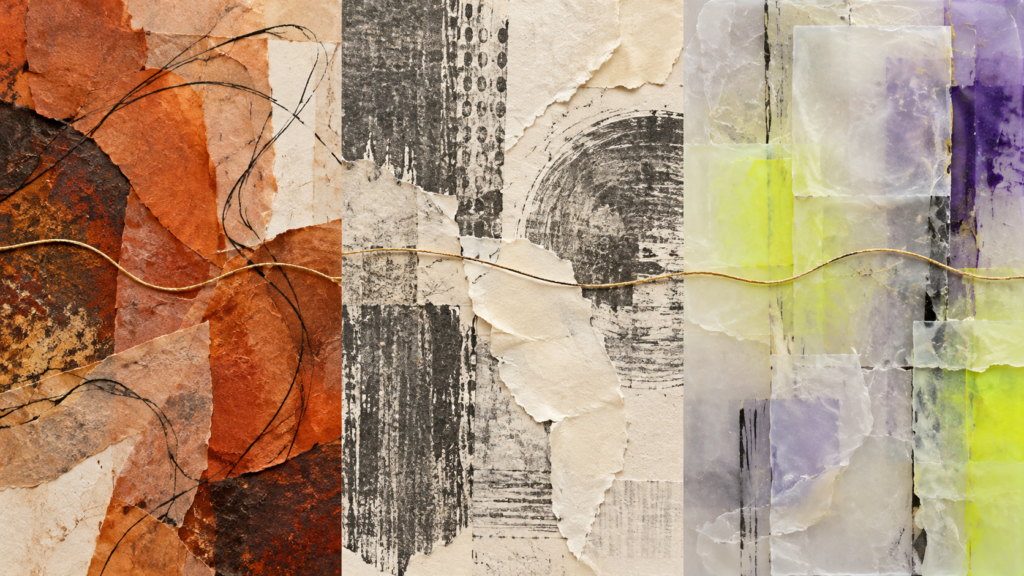 Abstract triptych of rust paper, graphite print textures and translucent neon layers connected by a gold thread