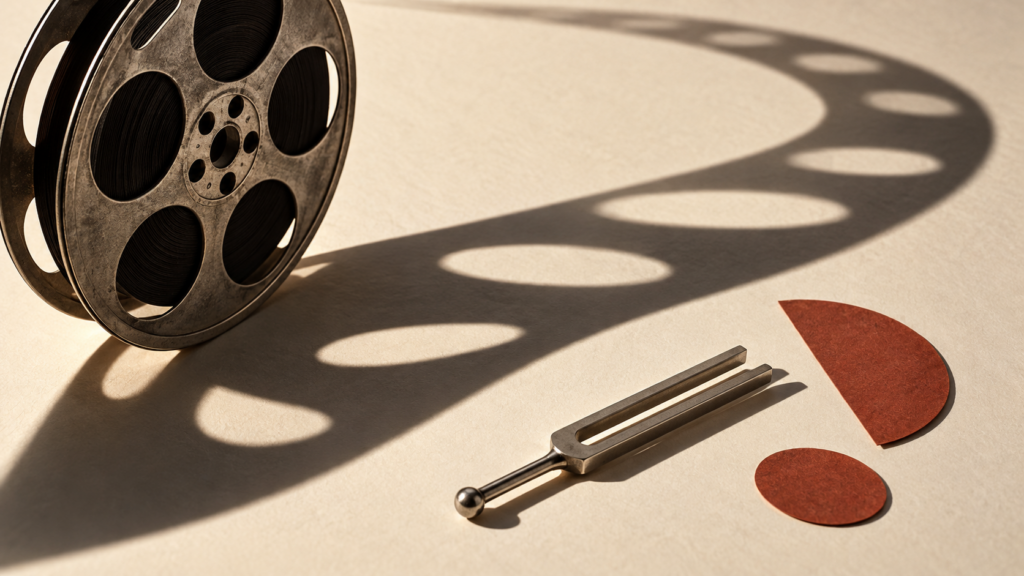A film reel casts a curved shadow beside a tuning fork and rust-colored paper shapes.