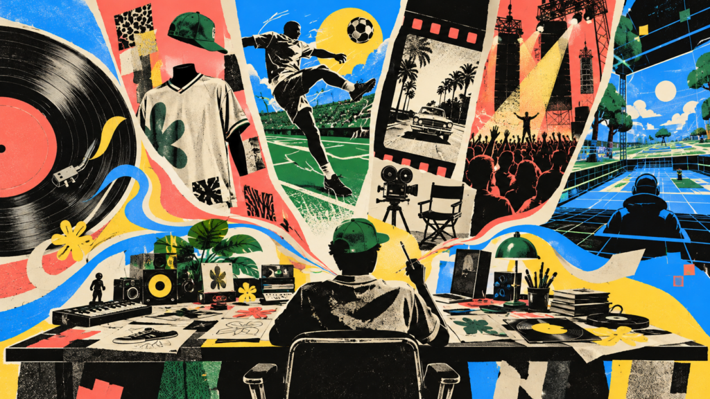 Editorial illustration of one creative identity expanding across music, fashion, football, film and live events