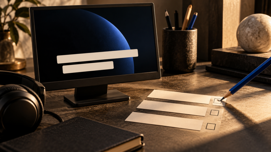 Unbranded monitor with blank caption bars beside paper strips, a pencil and headphones on a warmly lit editing desk.