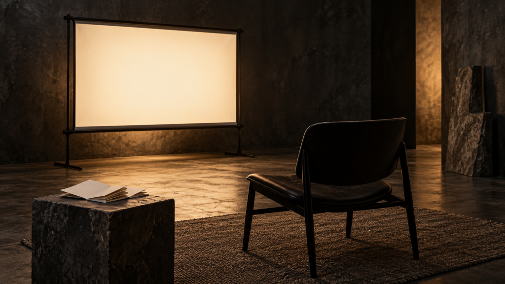 An empty chair facing a blank illuminated screen beside a viewing notebook in a conceptual studio